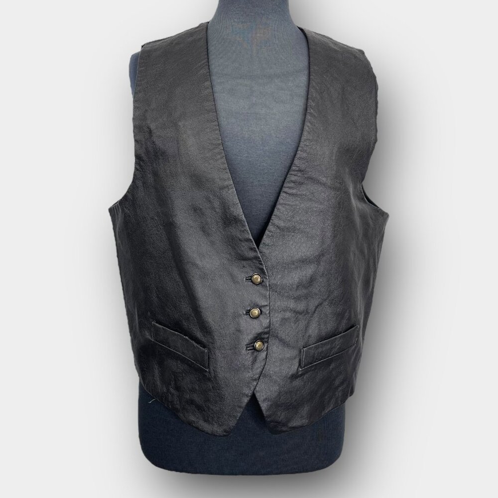 HER Vintage 90s Black Leather Front‎ Waistcoat Vest L Lined Adjustable Back